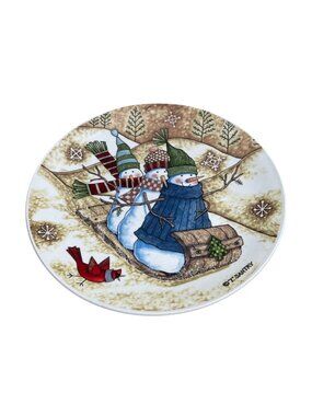 T. Santry Sledding Snowman 8" Dinner Luncheon Plate Christmas Design w Cardinal